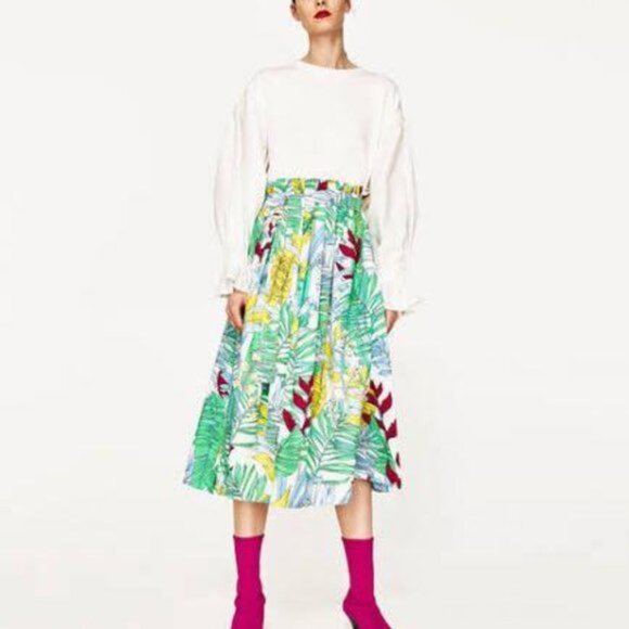 Zara Green Tropical Print Paper Bag A-Line Midi Skirt Size L - Picture 2 of 11